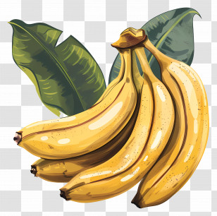Banana - Illustration Of A Bunch Of Ripe Bananas With Leaves Transparent PNG