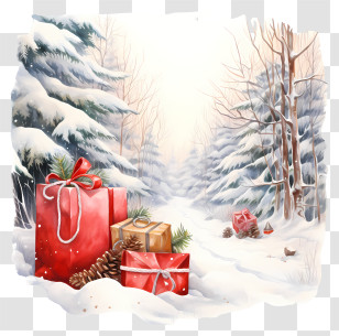 Small Blue Box - Snowy Forest With Christmas Gifts And Pinecones Transparent PNG