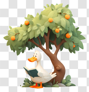 Kawaii Goose Reading Under Tree - Duck Reading Under Orange Tree Transparent PNG