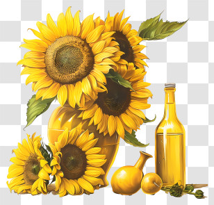 Sunflower Oil - Sunflowers In Vase With Bottle Transparent PNG