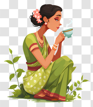 Indian Woman Picking Tea - Woman In Green Sari Enjoying Tea Transparent PNG