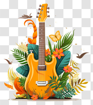 Yellow Guitar - Electric Guitar With Vibrant Floral And Tropical Plant Decorations Transparent PNG