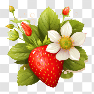 Strawberry - Artistic Strawberry Illustration With Flowers And Leaves Transparent PNG