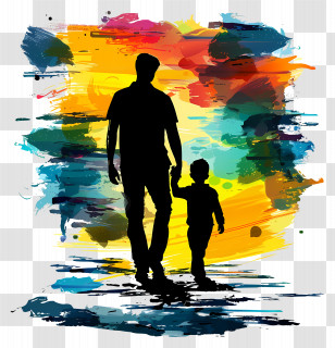 Father And Son Silhouette - Father And Child Silhouette With Colorful Background Transparent PNG