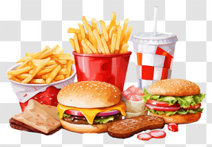 Fast Food - Delicious Burgers And Fries With Drink Illustration Transparent PNG