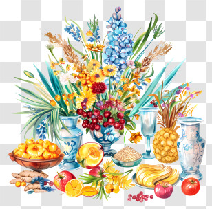 Shavuot - Colorful Flowers And Fruits In A Still Life Transparent PNG