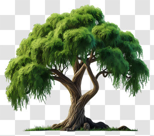 Flat Big Tree - Willow Tree With Twisted Trunk And Green Foliage Transparent PNG