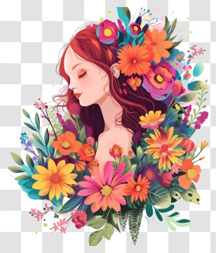 Cute And Colorful - Artistic Woman Surrounded By Bright Flowers Transparent PNG