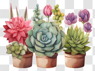 Watercolor Succulents - Colorful Potted Succulents For Home Decor Transparent PNG