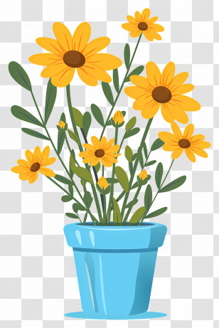 Yellow Flowers - Potted Yellow Flowers In Bright Blue Pot Transparent PNG