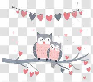 Lovebirds - Gray Owls On A Branch With Hearts Transparent PNG