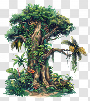 Jungle Tree - Detailed Drawing Of A Tree With Plants Transparent PNG