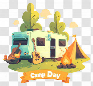 National Camp Day - Camp Day Scene With Trailer, Fire, And Guitars Transparent PNG