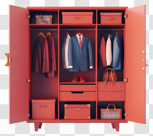 Wardrobe - Red Wardrobe With Clothes And Accessories Transparent PNG