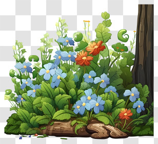 Forest - Bright Cartoon Flowers In A Garden Setting Transparent PNG