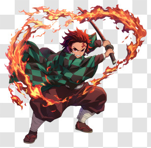 Tanjiro Kamado - Anime Character With Sword And Fire Transparent PNG
