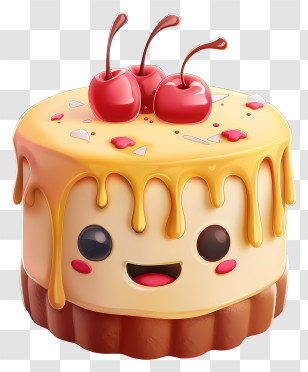 3d Cartoon Dessert - Cartoon Smiling Cake With Cherries Transparent PNG