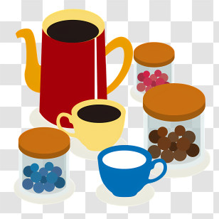 Coffee Beans - Colorful Coffee Set With Cups And Jars Transparent PNG