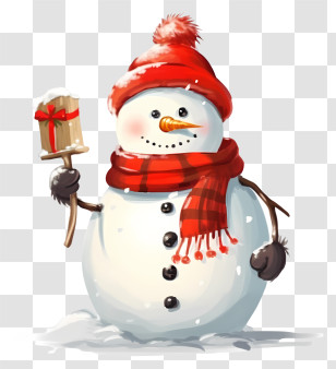 Snowman - Snowman With Red Hat And Scarf Holding Gift Transparent PNG