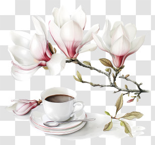 Spring Coffee Time - Elegant Magnolia And Coffee Cup Arrangement Transparent PNG