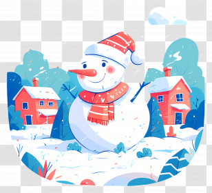 Cute Cartoon Snowman - Cartoon Snowman In A Winter Village Transparent PNG