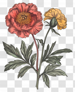 Vintage Flowers - Peony And Marigold Flowers Floral Illustration Transparent PNG