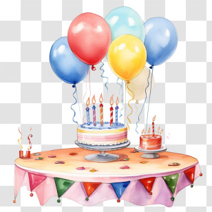 Birthday Cake - Birthday Table Setup With Cake And Balloons Transparent PNG