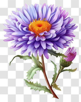 Watercolor Elegant Aster Flower - Vivid Purple Daisy Flower Illustration Transparent PNG