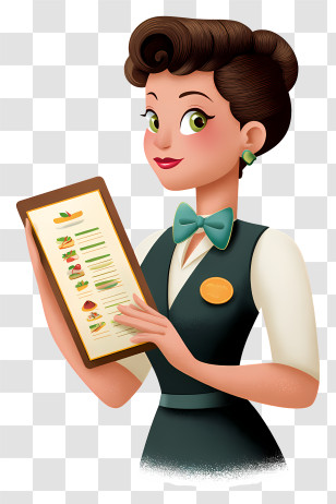 Waitress Holding Menu - Cartoon Waitress Holding A Menu Transparent PNG