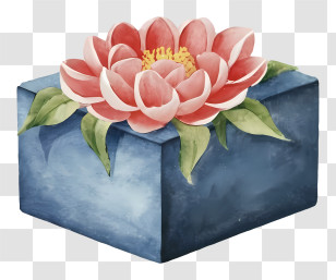 Watercolor Painting - Elegant Blue Gift Box With Pink Flower Decoration Transparent PNG