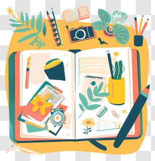 Cartoon Notebook - Open Creative Journal With Tools Transparent PNG