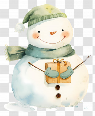 Watercolor Snowman - Smiling Snowman Holding Holiday Gift Transparent PNG