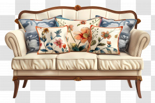Sofa With Pillows - Antique Couch With Floral Cushions Transparent PNG