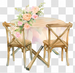 Watercolor Wedding Scene - Flower-Decorated Table With Wooden Chairs Transparent PNG