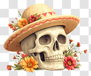 Human Skull Head - Skull With Sombrero And Flowers Transparent PNG