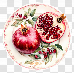 Pomegranate Watercolor - Pomegranate Fruit With Seeds On A Floral Plate Transparent PNG