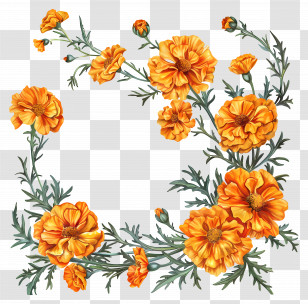 Orange Marigolds - Beautiful Marigold Flower Illustrations With Leaves Transparent PNG