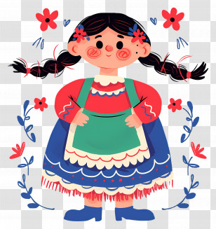 Mexican Doll - Cartoon Girl In Traditional Dress With Flowers Transparent PNG