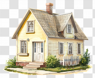 Real Estate House - Small Yellow Cottage House With Greenery Transparent PNG