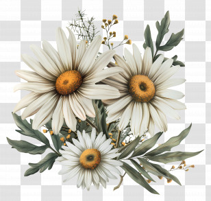 Vintage Flowers - White Daisies With Green Leaves Illustration Transparent PNG
