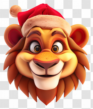 Lion Christmas - Cartoon Lion With Santa Hat Transparent PNG