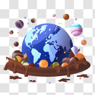 International Chocolate Day - Earth Globe Surrounded By Desserts And Chocolate Transparent PNG