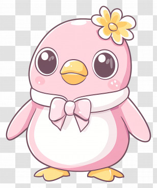 Pastel Pink Penguin - Cute Pink Penguin With Flower Illustration Transparent PNG