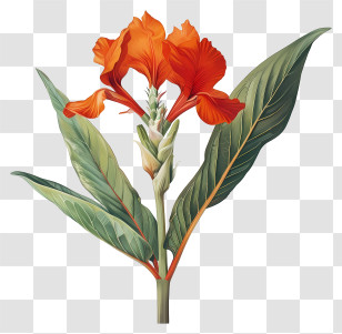 Canna Indica Flower - Orange Flower With Green Leaves Illustration Transparent PNG