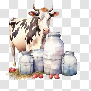 Watercolor Cow
 - Illustrative Rural Cow With Milk Containers Transparent PNG
