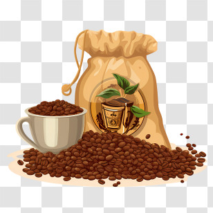 Coffee Beans Bag - Coffee Beans With Sack And Cup Illustration Transparent PNG