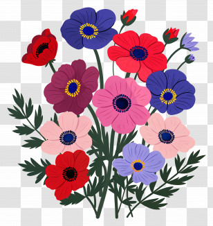 Vintage Flowers - Bright Anemone Bouquet Illustration Transparent PNG
