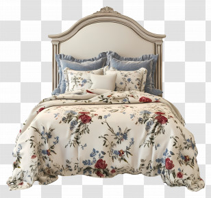 Cozy Bed - Elegant Floral Bed With Red And Blue Bedding Transparent PNG