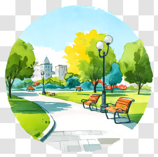 Watercolor Summer Park Scene - Scenic Park With Benches And Trees Transparent PNG