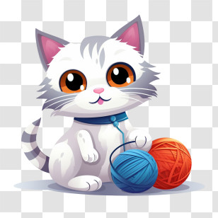 Cat Playing Yarn Ball - Cute White Cat Playing With Yarn Balls Transparent PNG